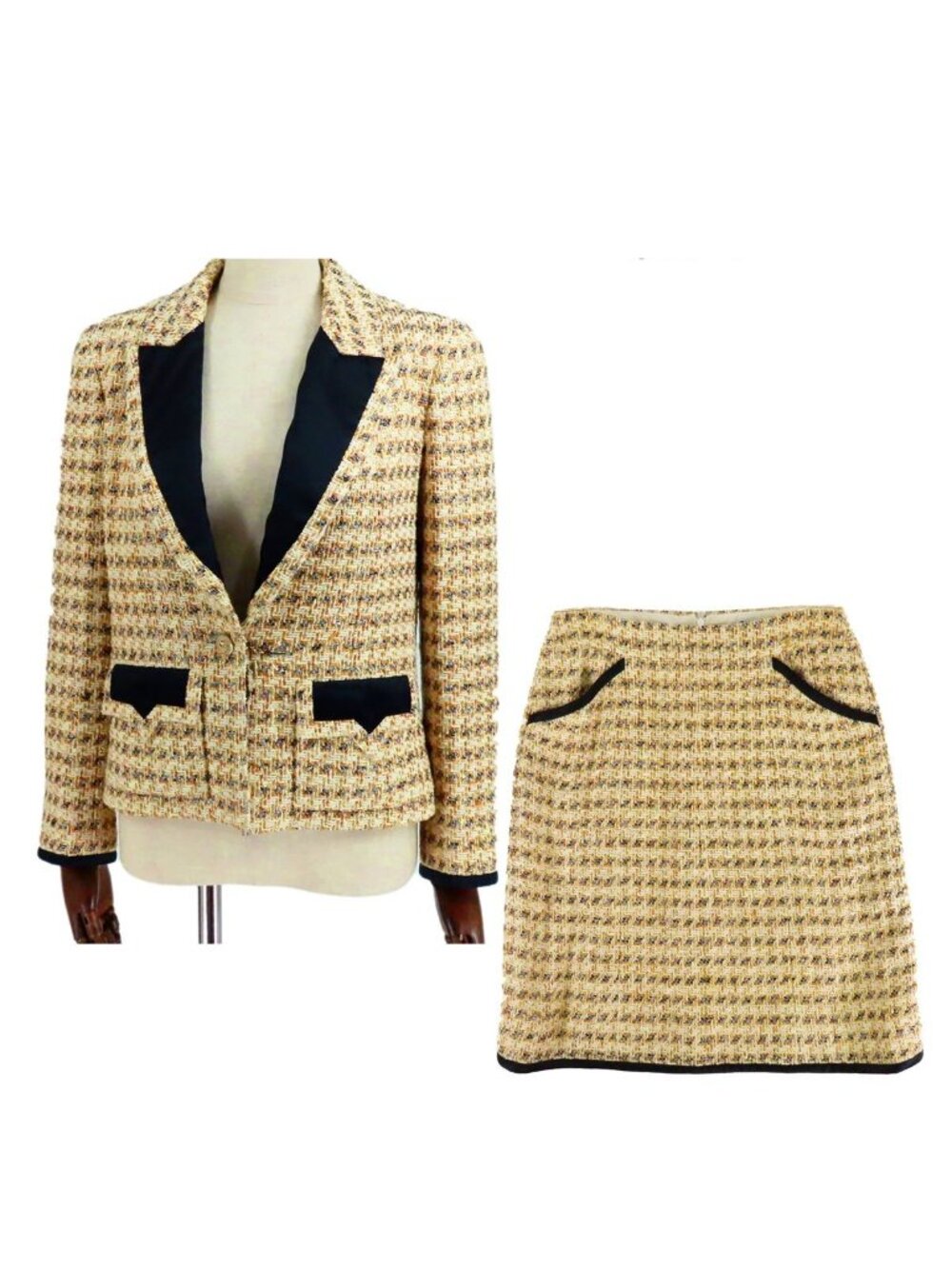 Chanel Tweed Jacket Skirt Ivory Gold Rayon 06P 36